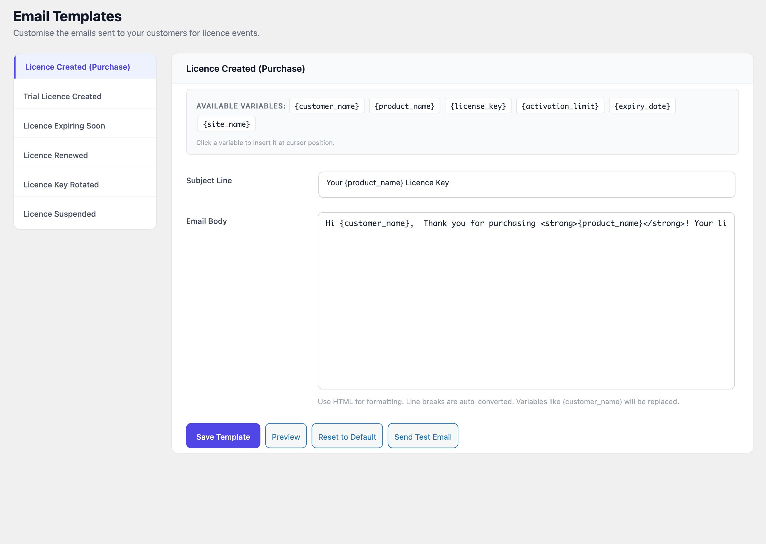 Template selector sidebar showing all 6 templates with Licence Created selected