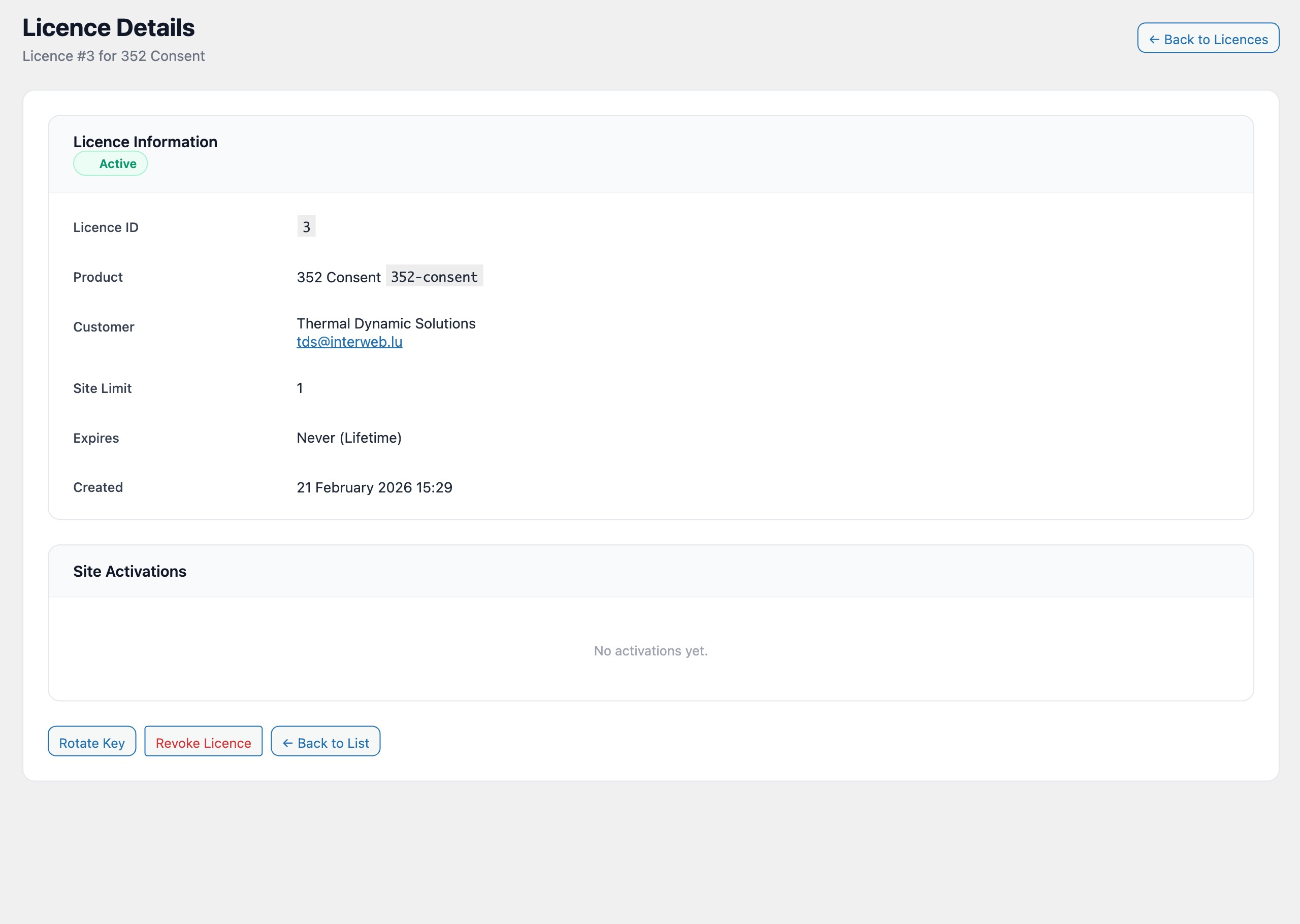 License admin page showing an active license with details and action buttons