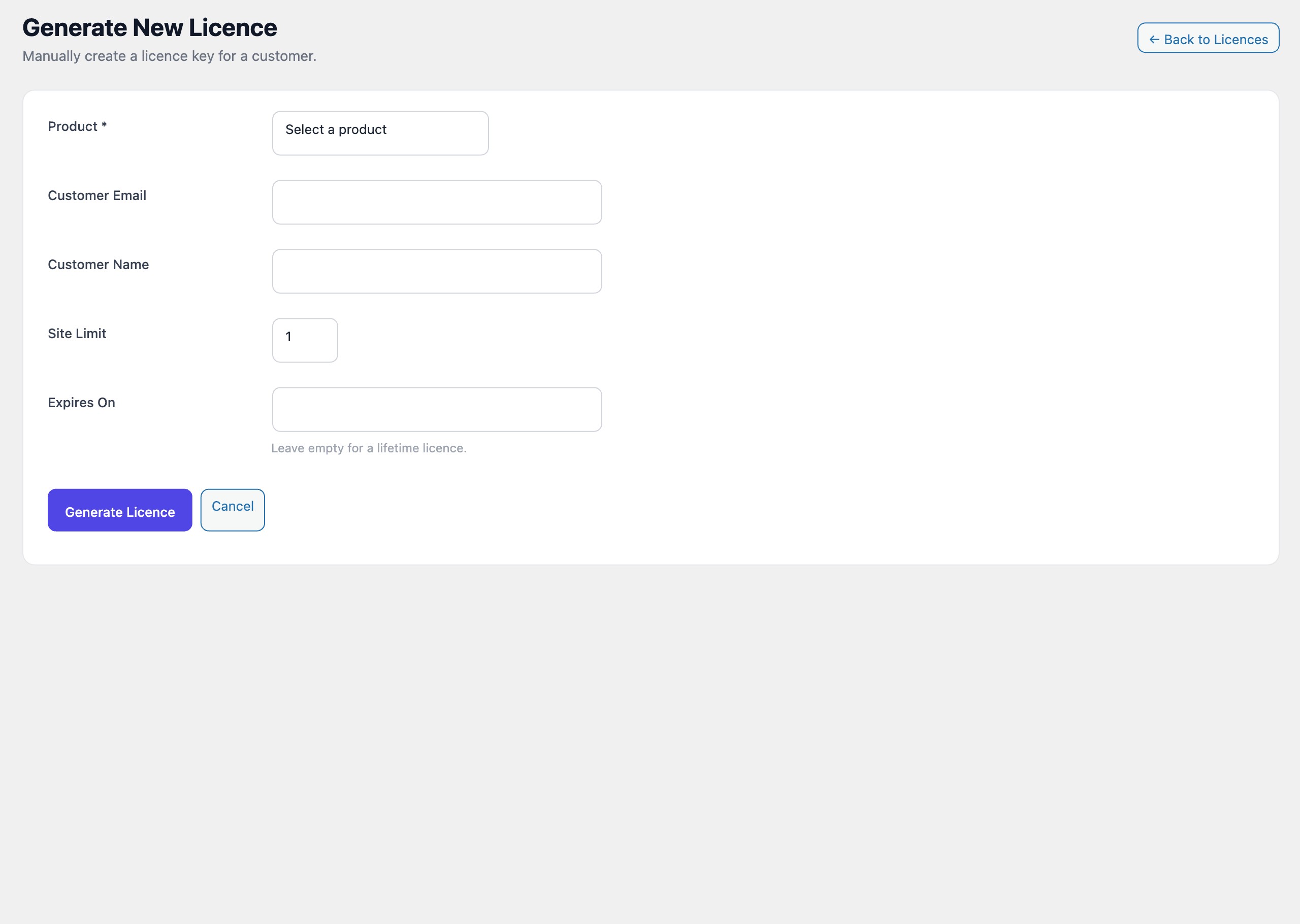 Manual license creation form showing product select, customer email, customer name, activation limit, and expiration date fields