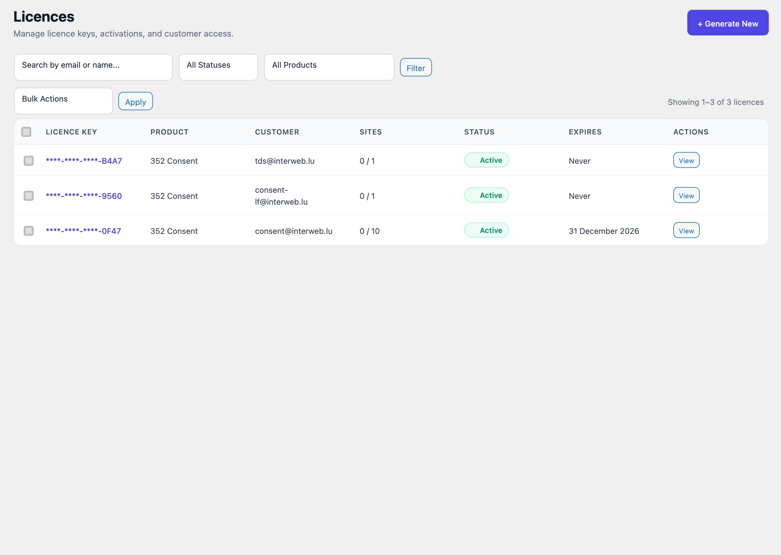 License list table in the WordPress admin showing columns for key, product, customer, sites, status, expires, and actions