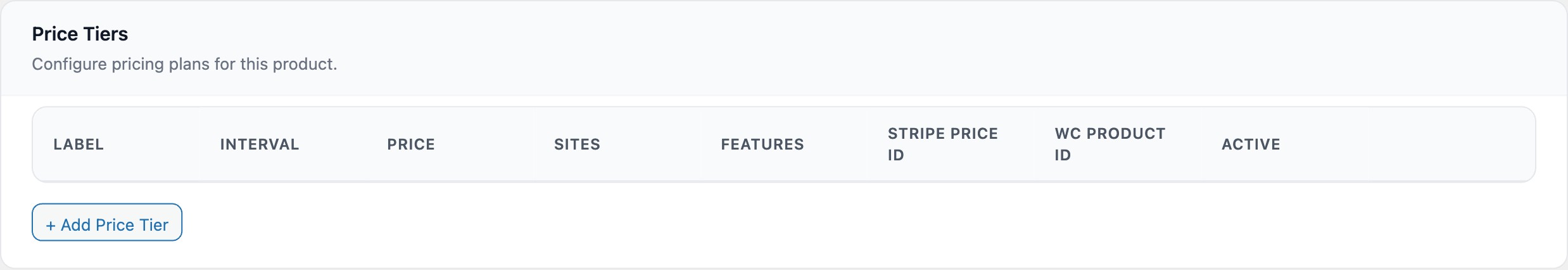 Price Tiers section showing a table with configured tiers
