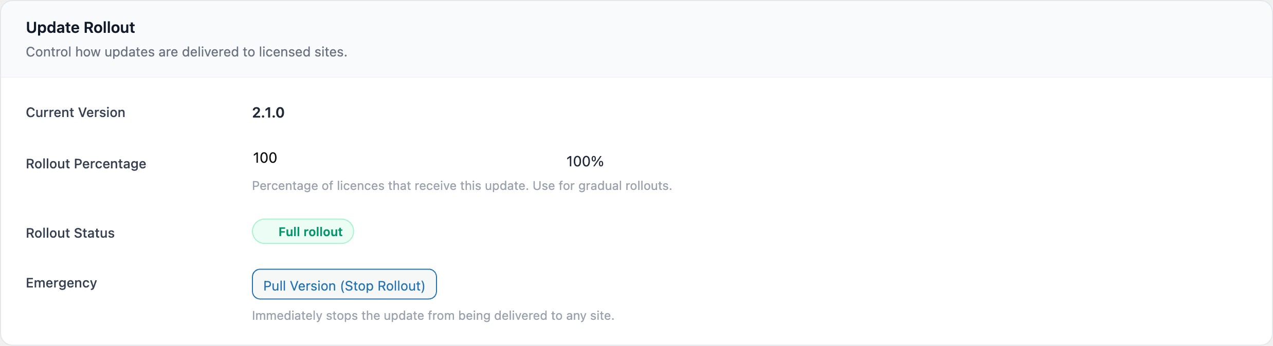 Update Rollout section showing rollout percentage slider, rollout status, and Pull Version button