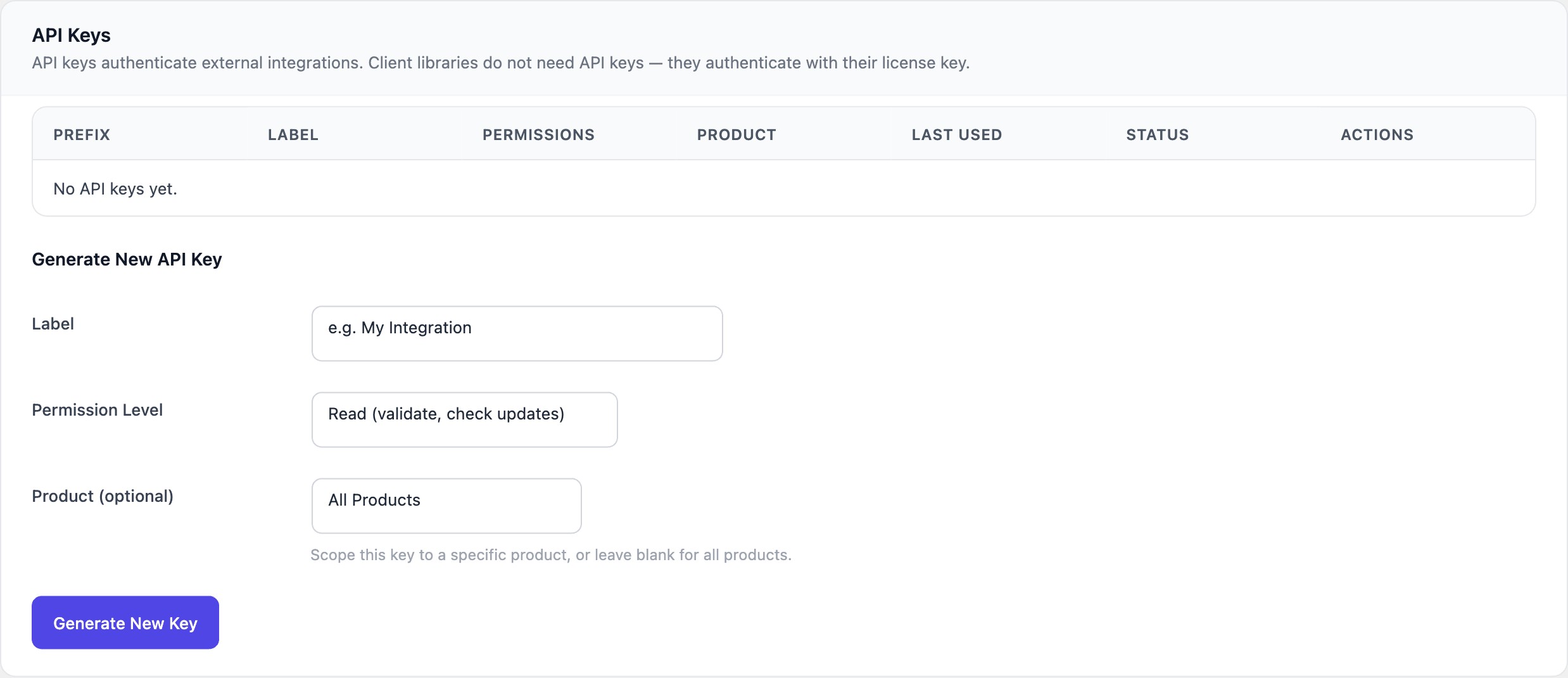 API key creation dialog showing the label field, permissions dropdown, and product scope selector
