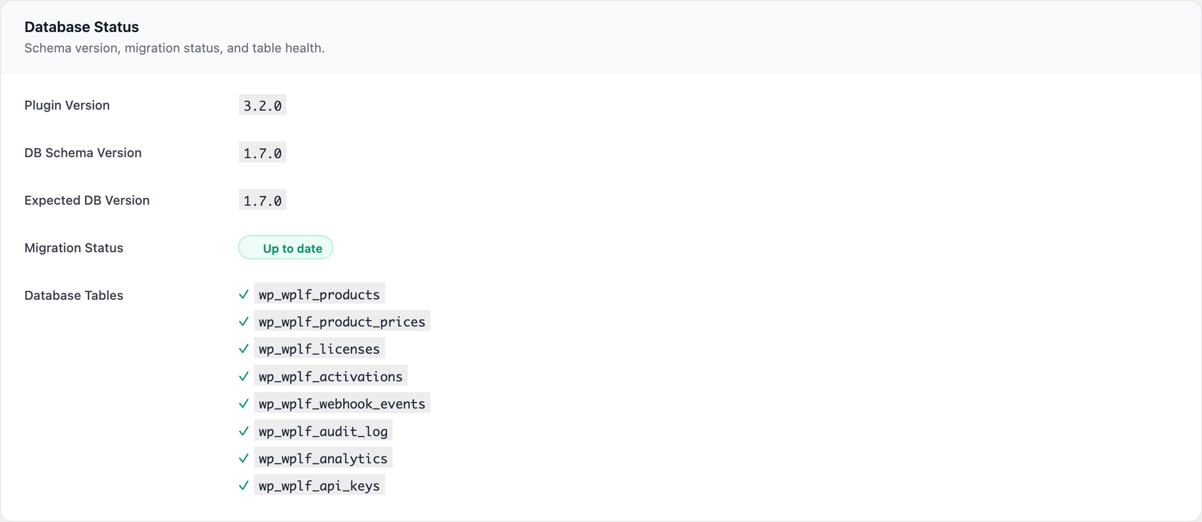 LicenceForge Settings page footer showing plugin version and DB version with migration status