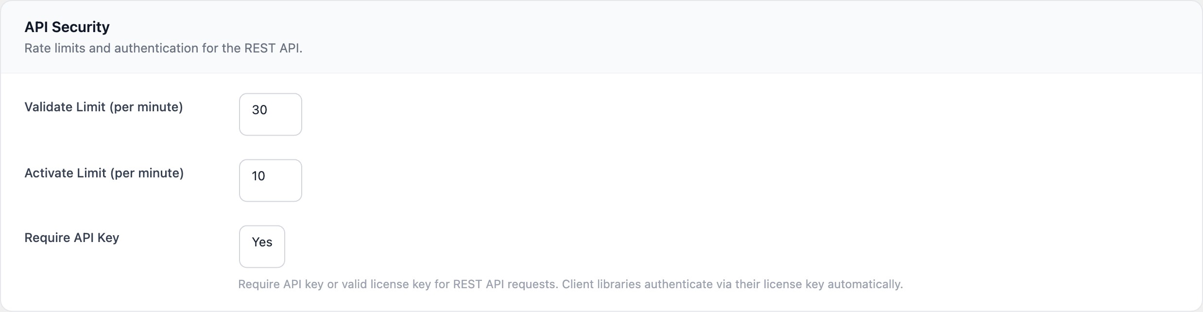 Rate limiting settings page showing input fields for each endpoint type