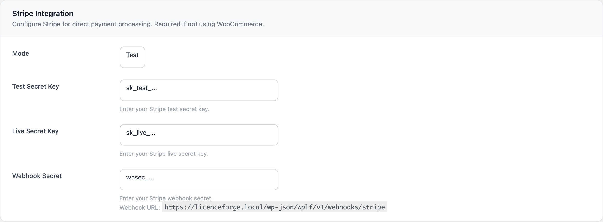 LicenceForge Stripe settings panel showing mode toggle and key fields